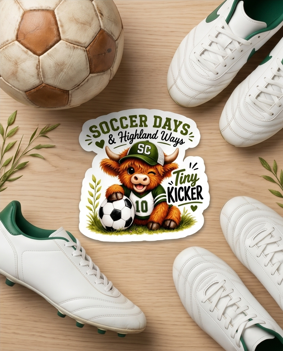 Soccer Days & Highland Ways Sticker – Tiny Kicker Highland Cow Soccer Decal