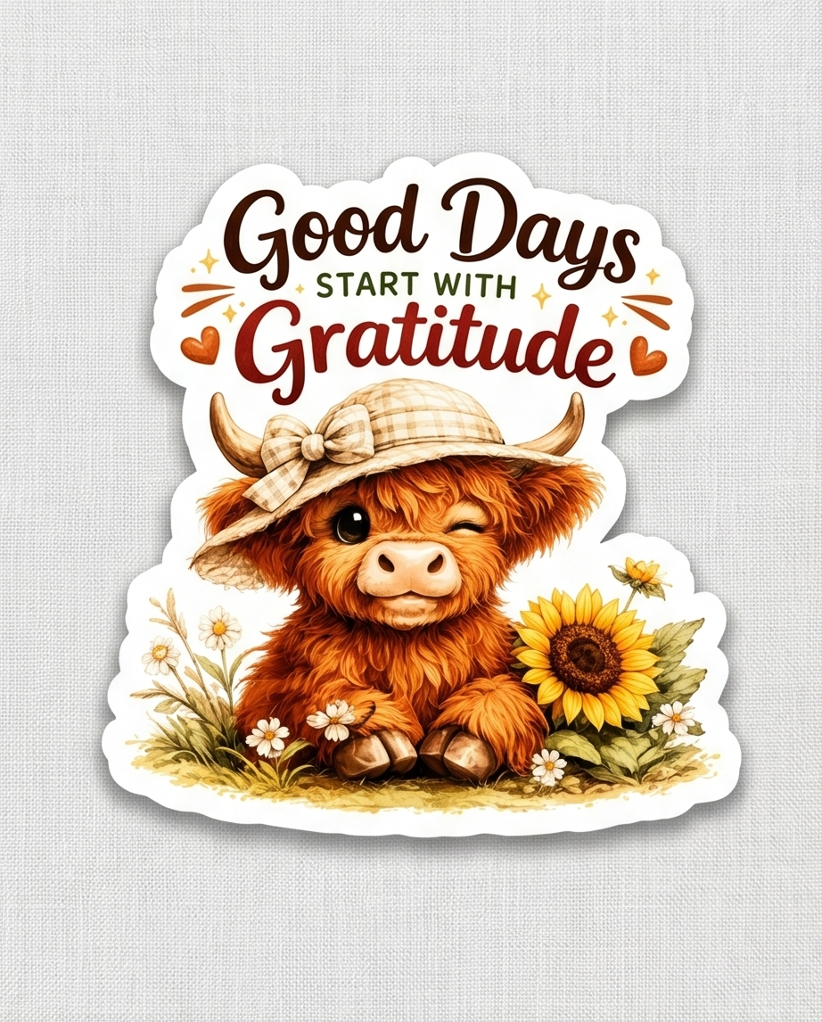 Good Days Start with Gratitude Highland Cow Sticker – Inspirational Sunflower Cow Decal