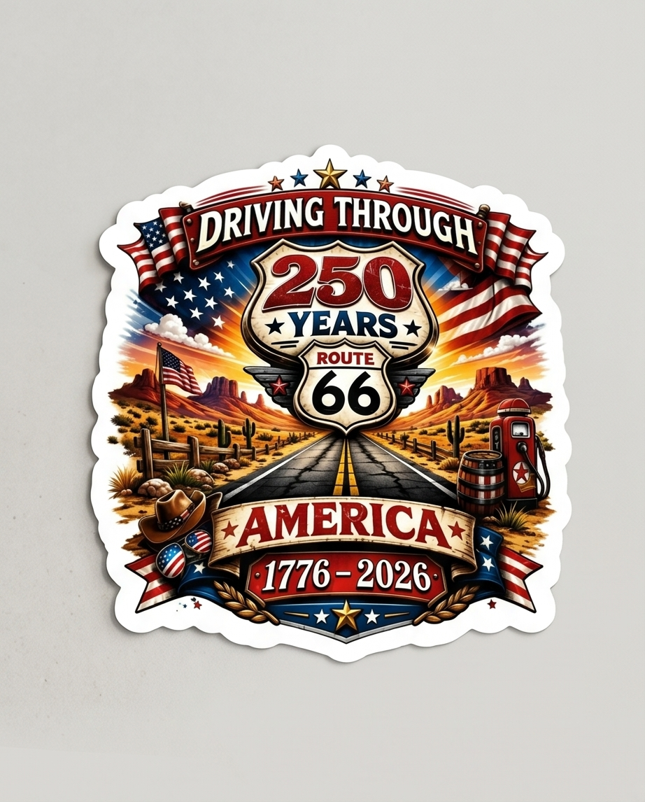 America 250 Route 66 Sticker – Driving Through 250 Years of America Patriotic Decal