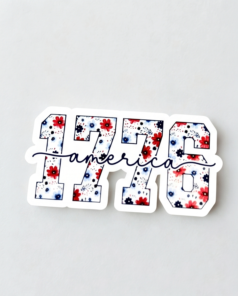 1776 America Floral Patriotic Sticker – Red, White & Blue USA Decal