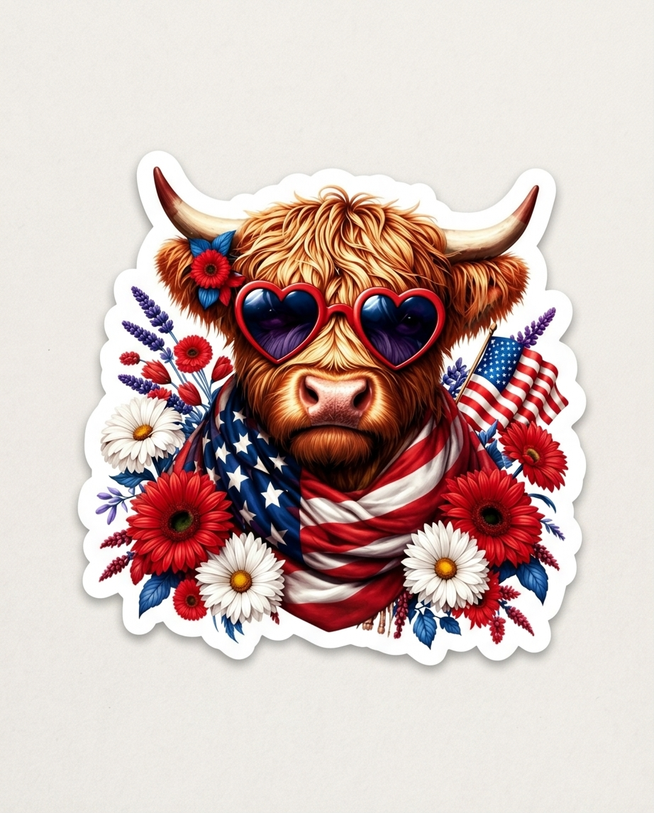 Patriotic Highland Cow Sticker – Red, White & Blue Americana Cow Decal