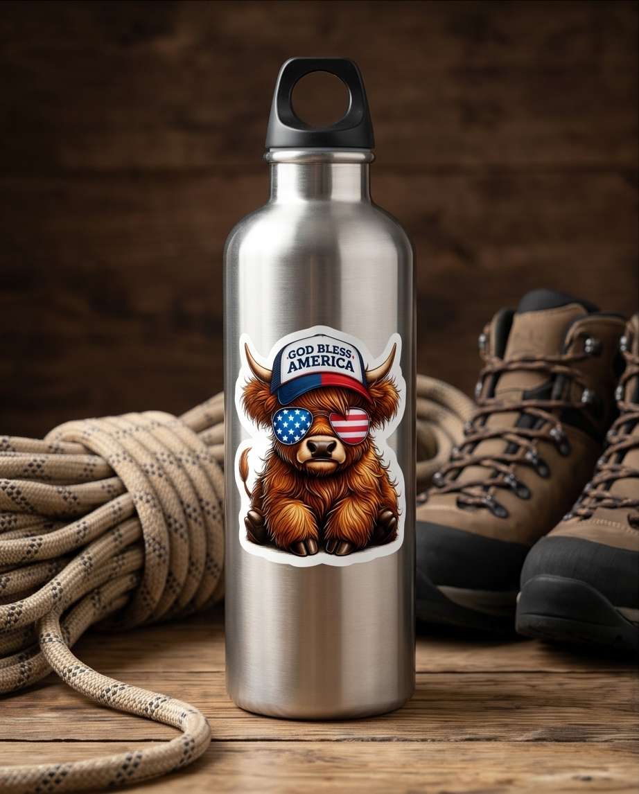 God Bless America Highland Cow Sticker – Patriotic Cow Red, White & Blue Decal