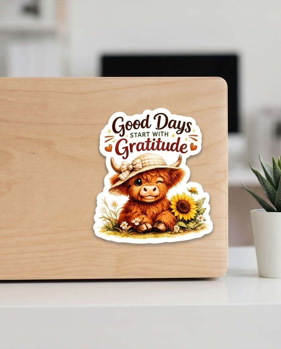 Good Days Start with Gratitude Highland Cow Sticker – Inspirational Sunflower Cow Decal