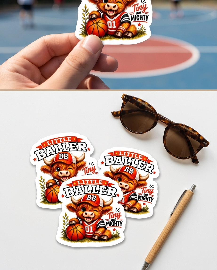 Little Baller Highland Cow Sticker – Tiny But Mighty Basketball Decal