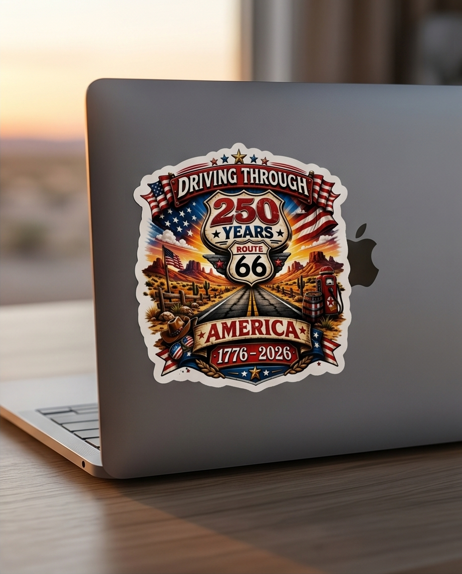 America 250 Route 66 Sticker – Driving Through 250 Years of America Patriotic Decal
