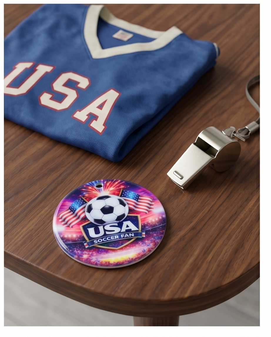 USA Soccer Fan Ornament – Patriotic Fireworks Design