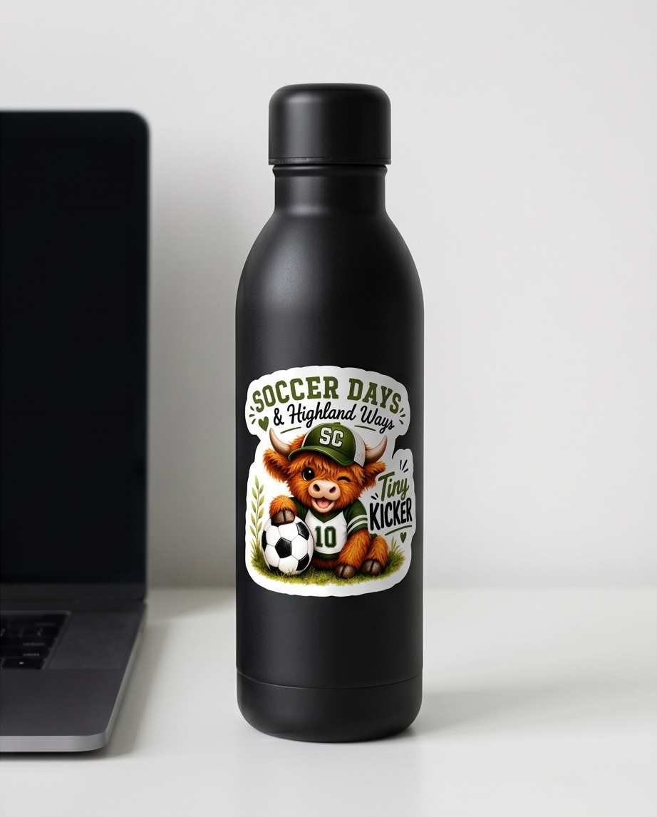Soccer Days & Highland Ways Sticker – Tiny Kicker Highland Cow Soccer Decal