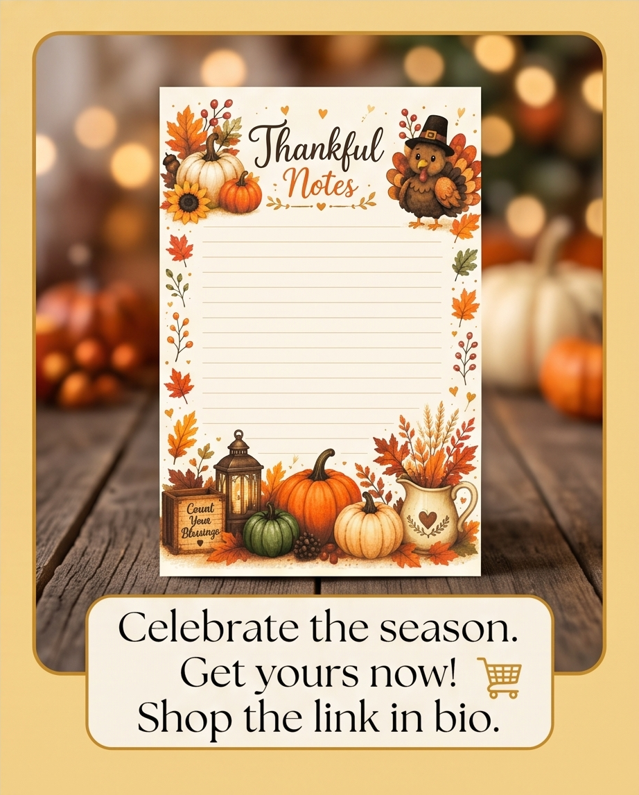 Thankful Notes Notepad | Thanksgiving Notepad | Fall Stationery Pad | Pumpkin Memo Pad | Turkey Notes | Autumn To Do List | Gratitude Gift