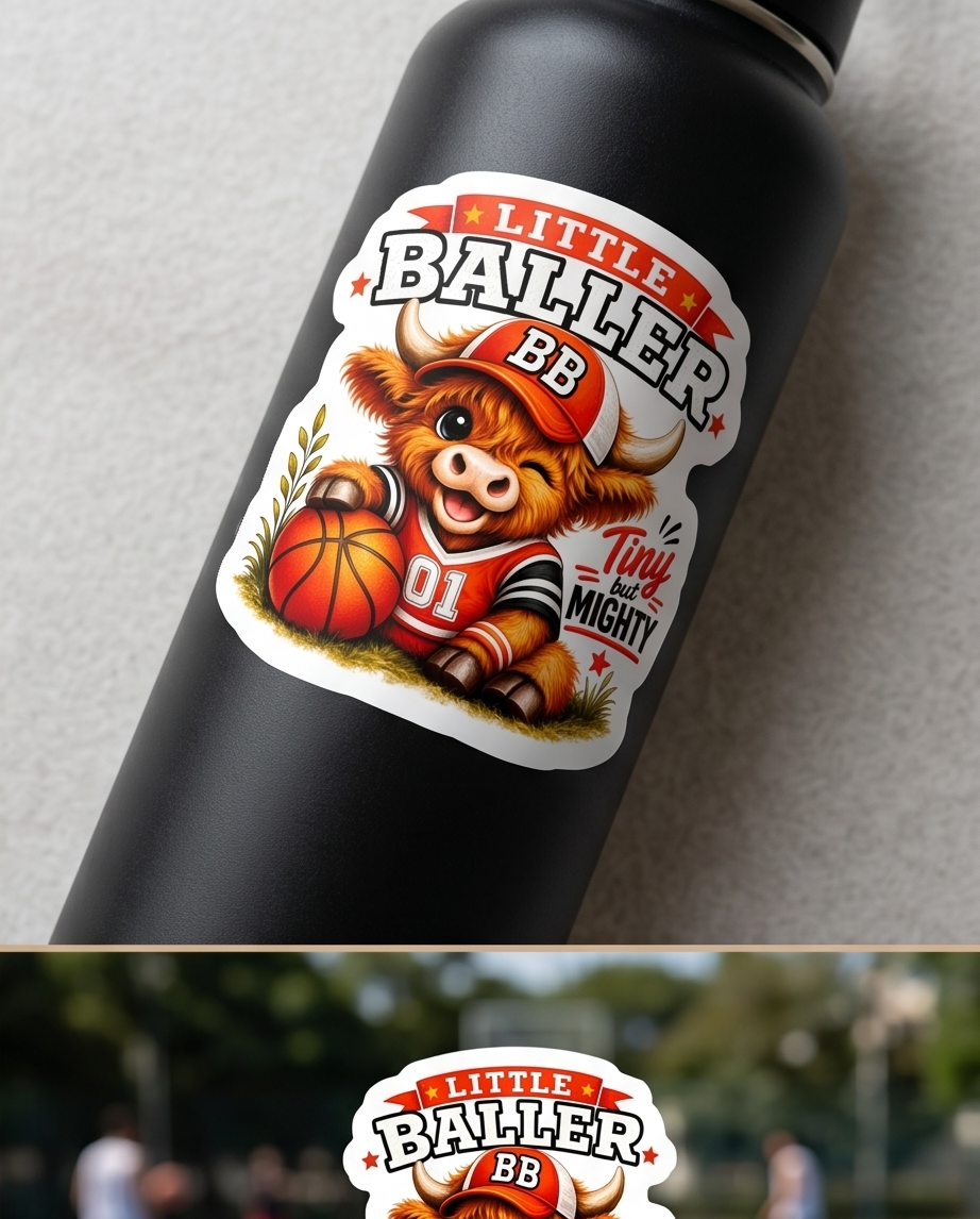 Little Baller Highland Cow Sticker – Tiny But Mighty Basketball Decal