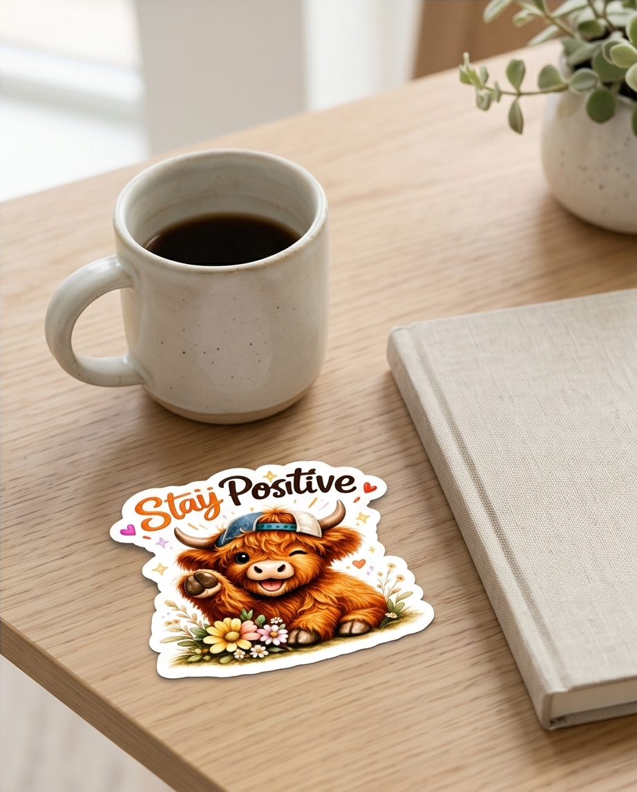 Stay Positive Highland Cow Sticker – Inspirational Cute Cow Decal