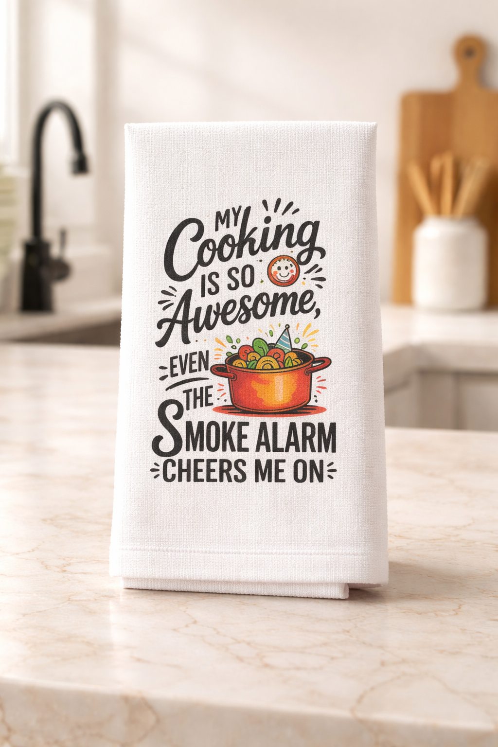 🔥🍲 Title: Smoke Alarm Cheer Squad Kitchen Towel 😄✨