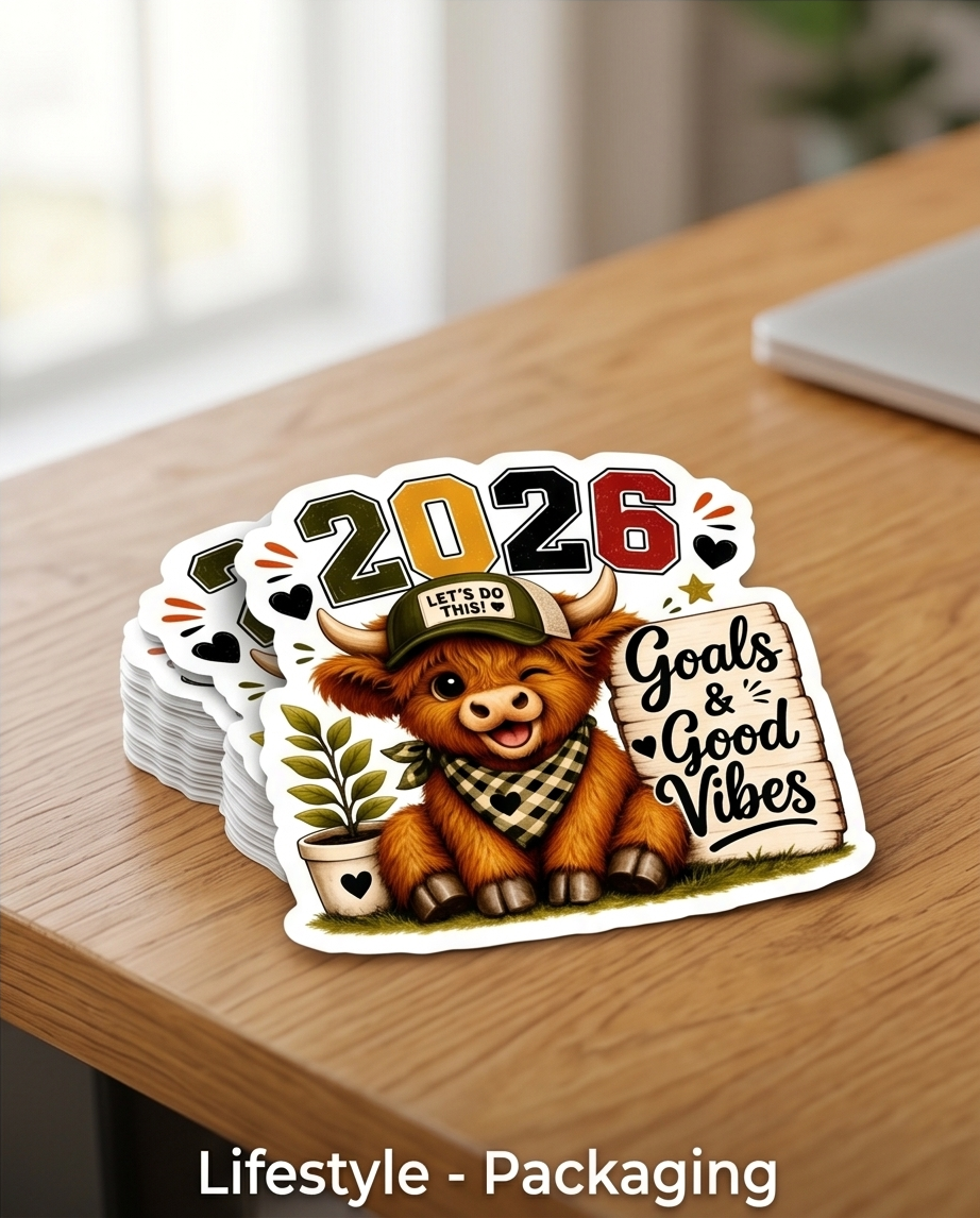 2026 Goals & Good Vibes Highland Cow Sticker – Motivational New Year Cow Decal