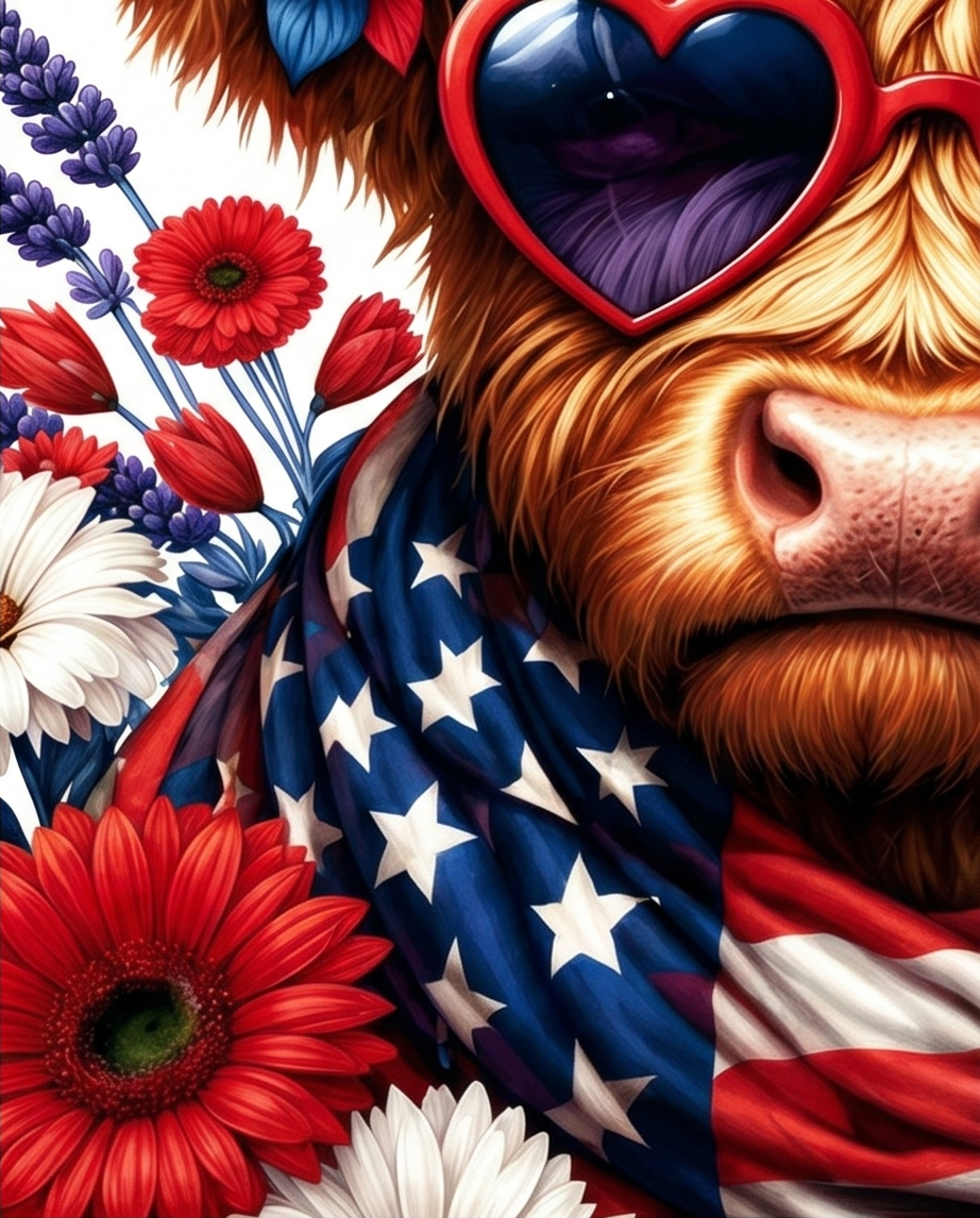 Patriotic Highland Cow Sticker – Red, White & Blue Americana Cow Decal