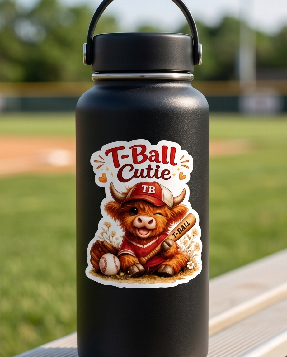 T-Ball Cutie Highland Cow Sticker – Youth Baseball Cow Decal