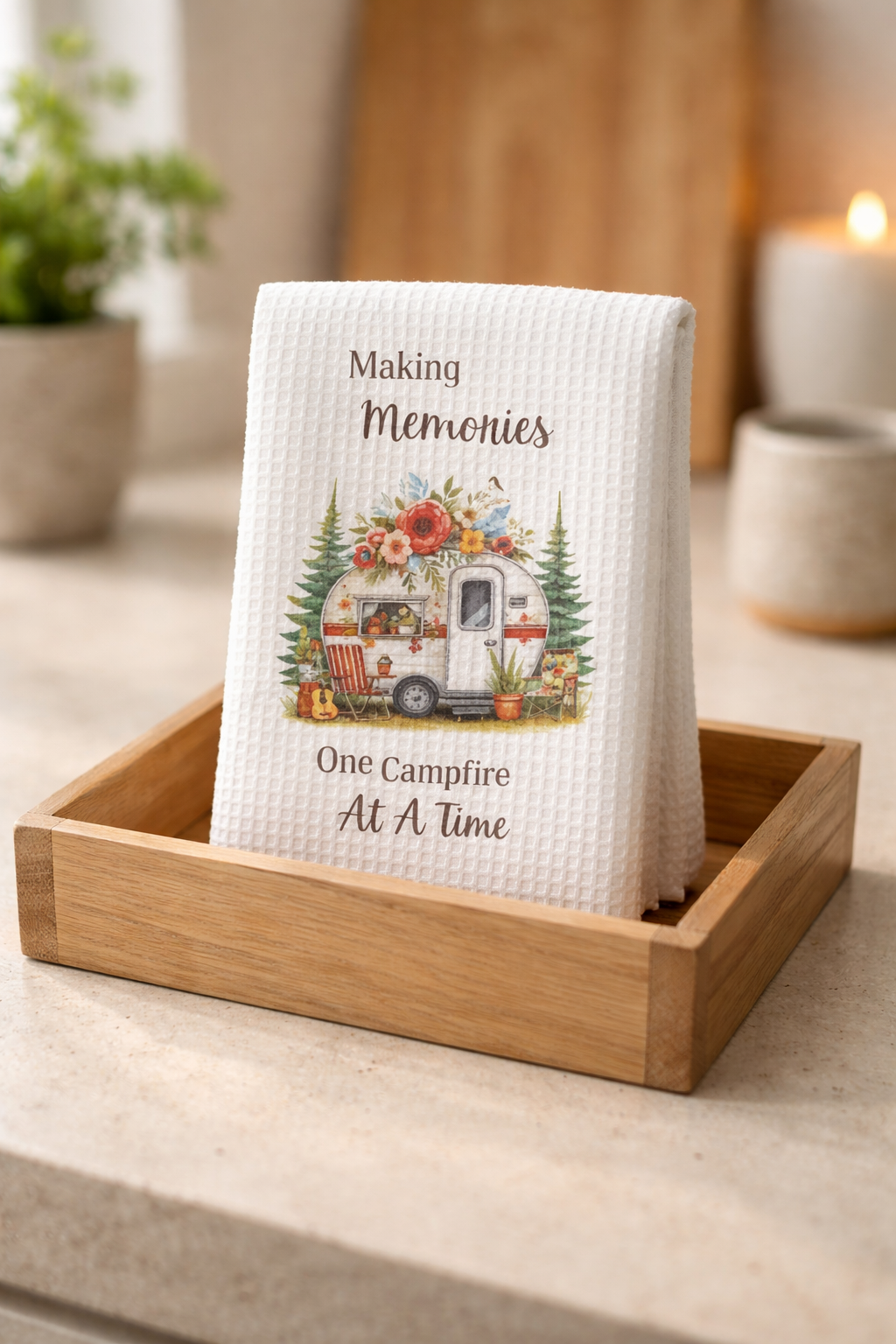 🔥🏕️ Title: Making Memories One Campfire at a Time Kitchen Towel 🌲✨