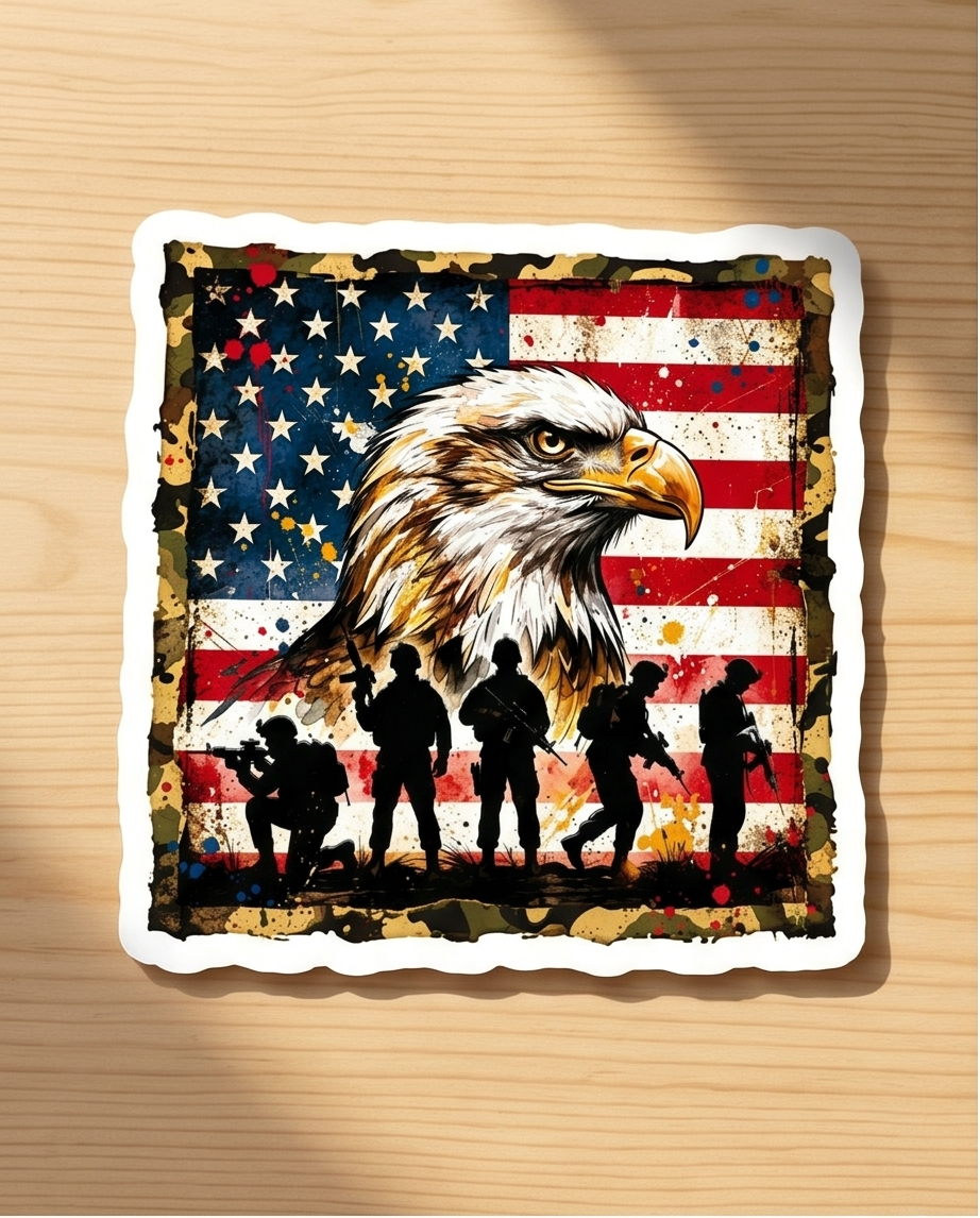 Patriotic Eagle & Military Tribute Sticker – American Flag Veteran Honor Decal