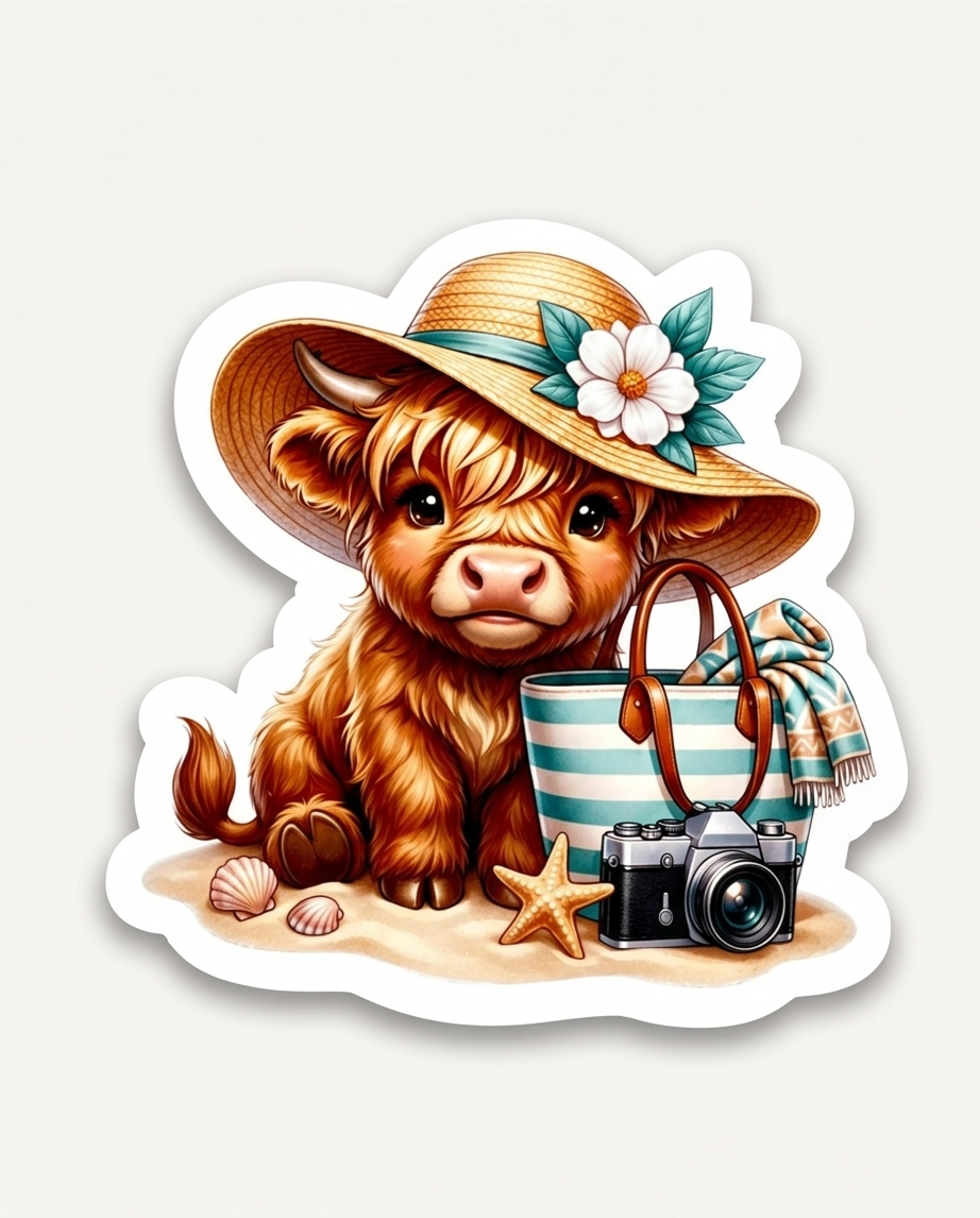 Beach Day Highland Cow Sticker – Cute Summer Vacation Cow Decal