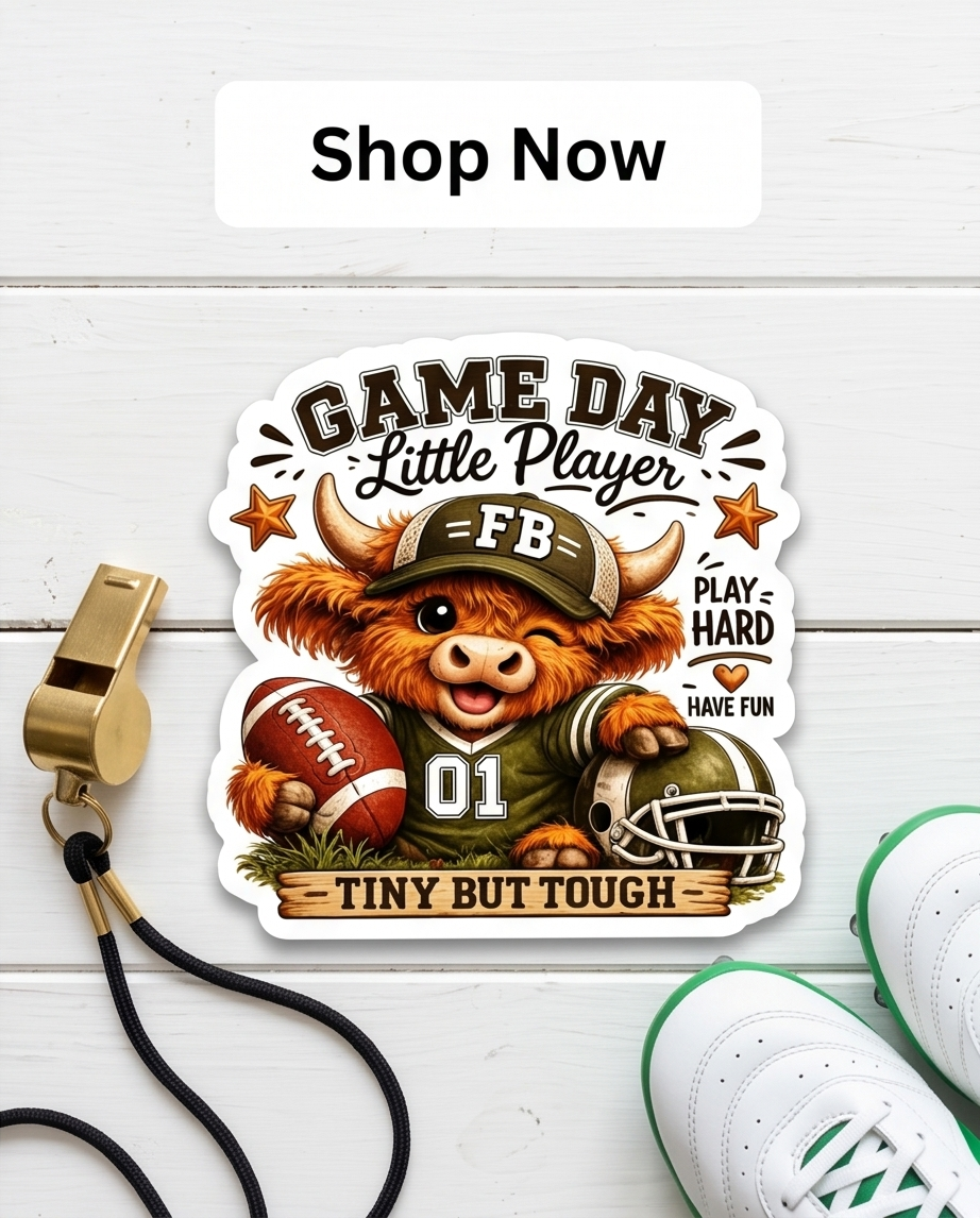 Game Day Little Player Highland Cow Sticker – Tiny But Tough Football Decal