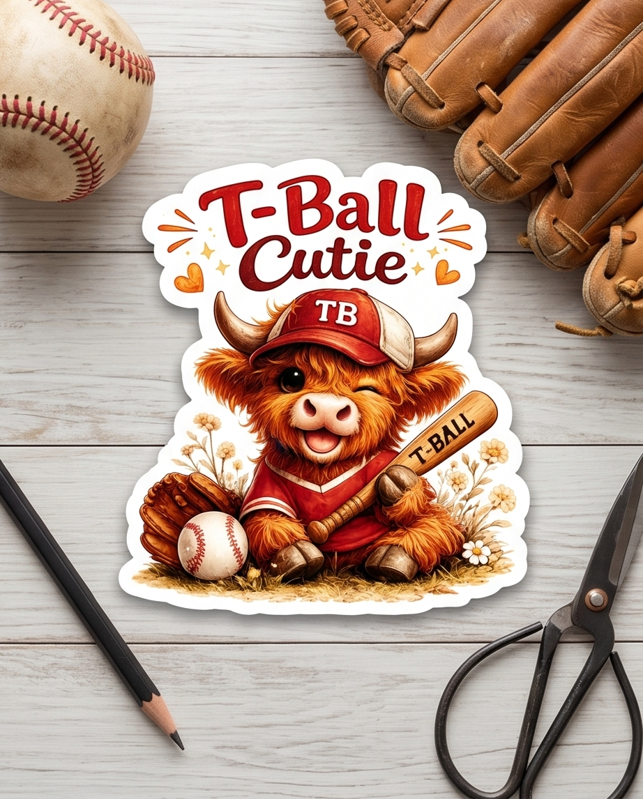 T-Ball Cutie Highland Cow Sticker – Youth Baseball Cow Decal
