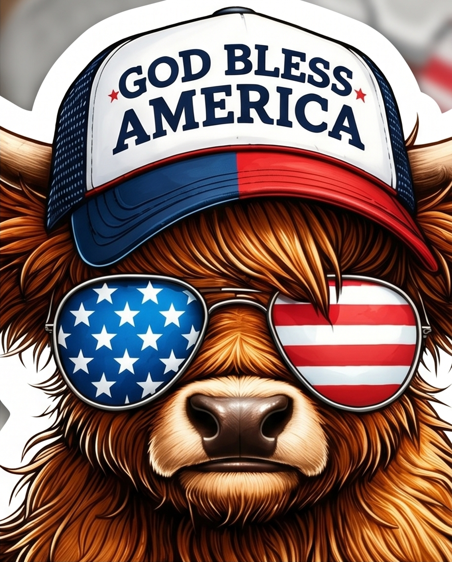 God Bless America Highland Cow Sticker – Patriotic Cow Red, White & Blue Decal