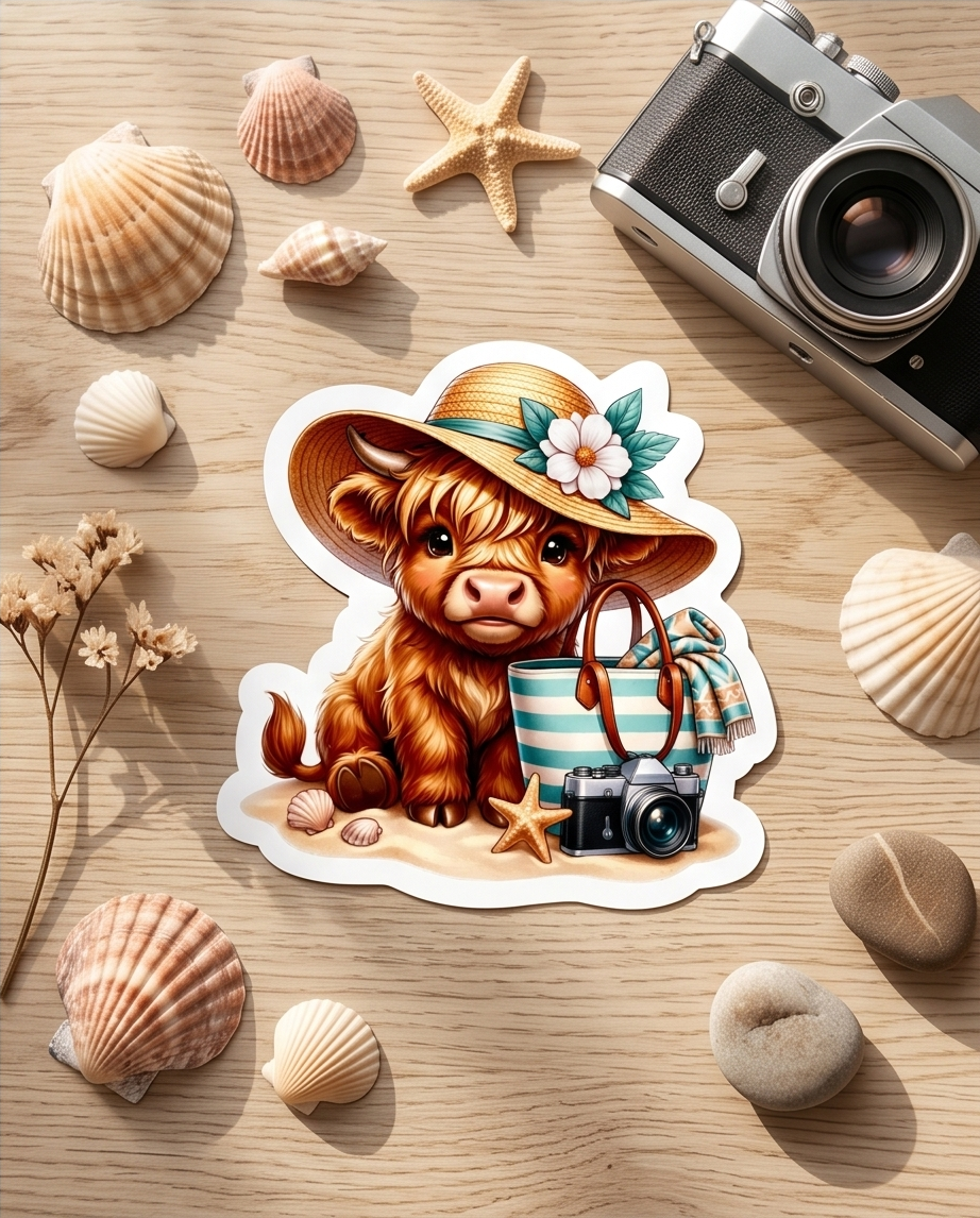 Beach Day Highland Cow Sticker – Cute Summer Vacation Cow Decal