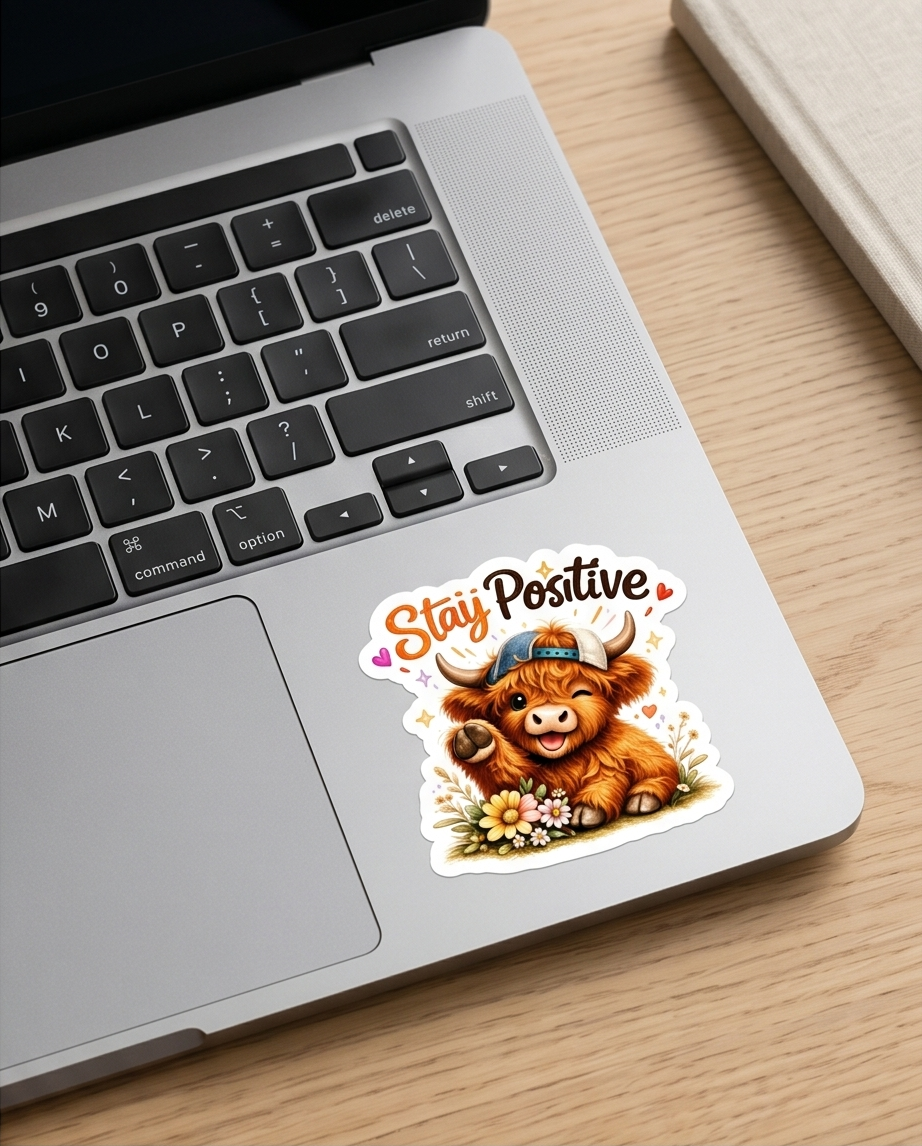 Stay Positive Highland Cow Sticker – Inspirational Cute Cow Decal