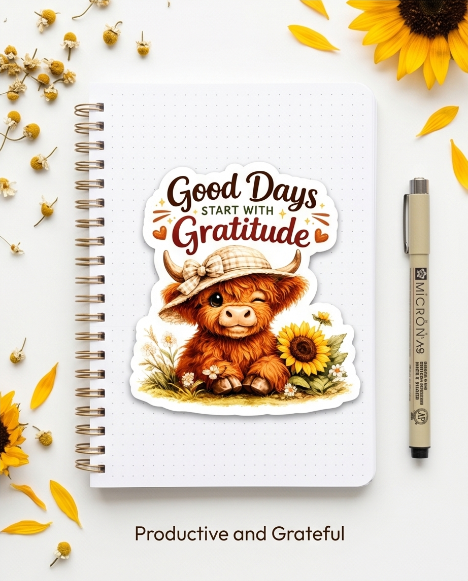 Good Days Start with Gratitude Highland Cow Sticker – Inspirational Sunflower Cow Decal