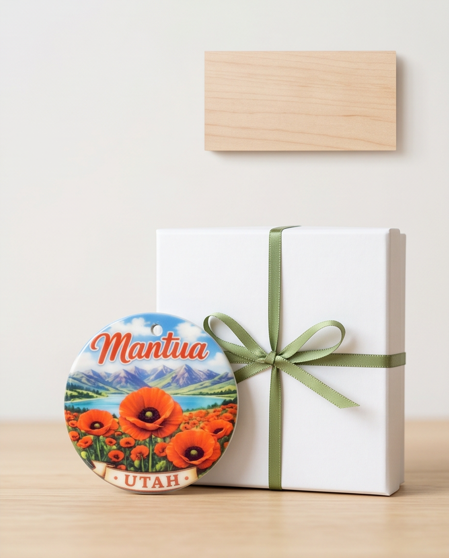 Mantua Utah Ornament – Mountain Lake & Poppy Field Design