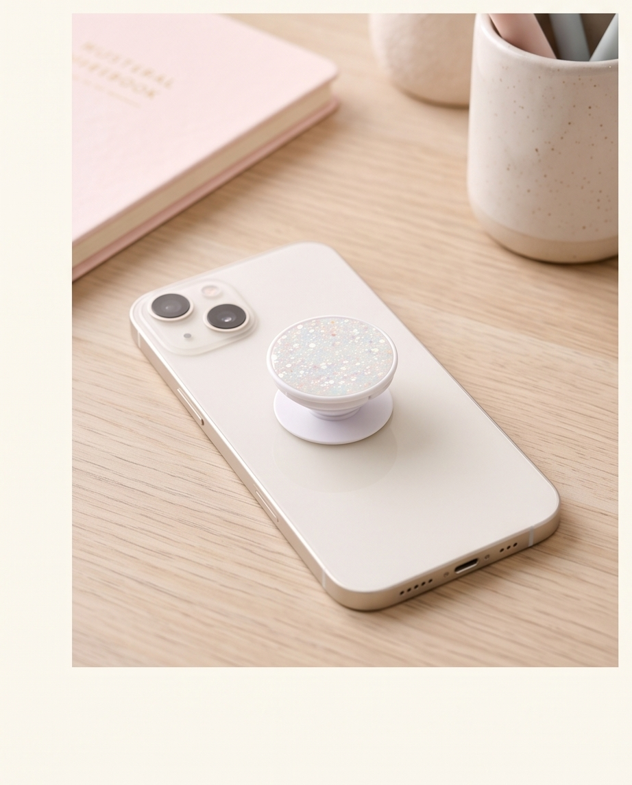 Pastel Sparkle Phone Grip | White Iridescent Glitter Look Phone Holder | Cute Shimmer Phone Accessory | Gift for Her