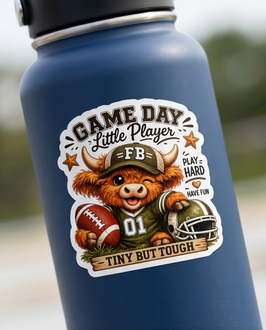 Game Day Little Player Highland Cow Sticker – Tiny But Tough Football Decal