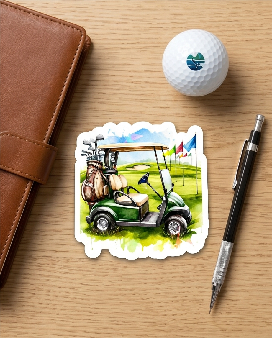 Golf Cart Watercolor Sticker – Golf Lover Scenic Decal