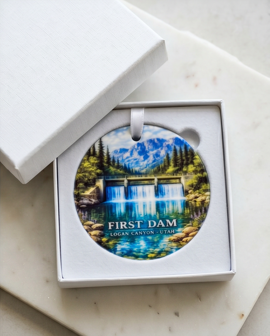 First Dam Utah Ornament – Logan Canyon Waterfall & Mountain Landscape Design