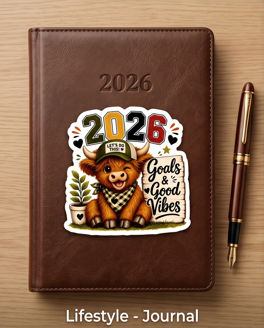 2026 Goals & Good Vibes Highland Cow Sticker – Motivational New Year Cow Decal