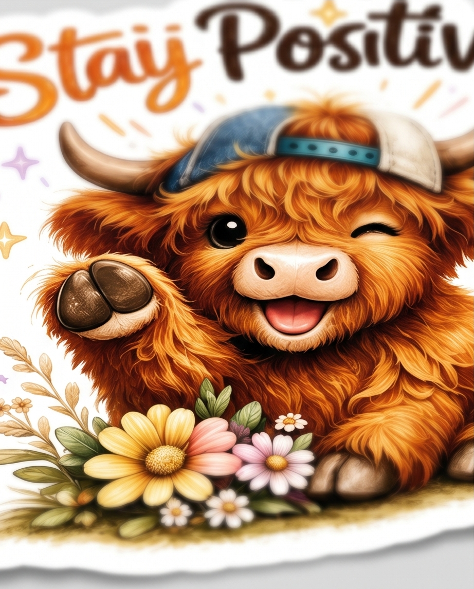 Stay Positive Highland Cow Sticker – Inspirational Cute Cow Decal