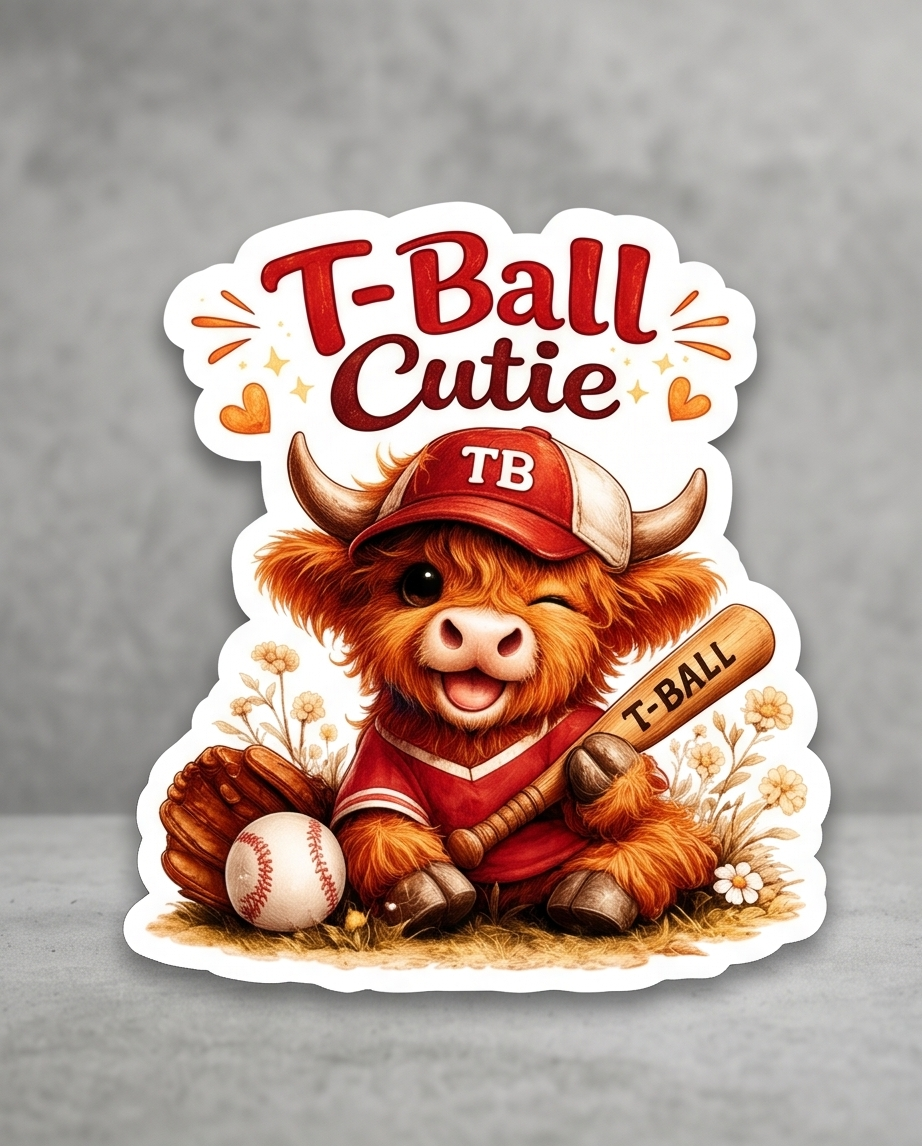 T-Ball Cutie Highland Cow Sticker – Youth Baseball Cow Decal
