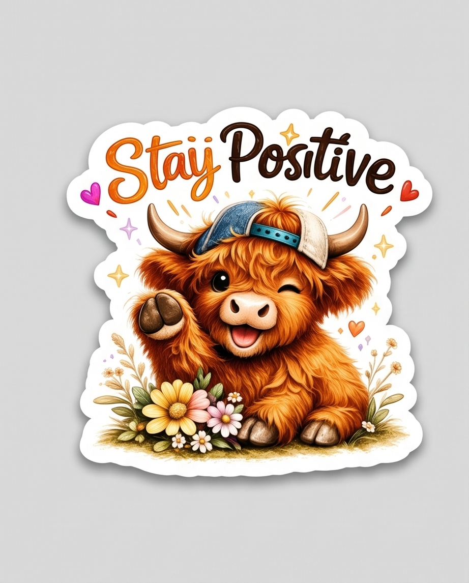 Stay Positive Highland Cow Sticker – Inspirational Cute Cow Decal