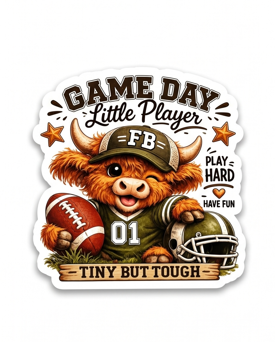 Game Day Little Player Highland Cow Sticker – Tiny But Tough Football Decal
