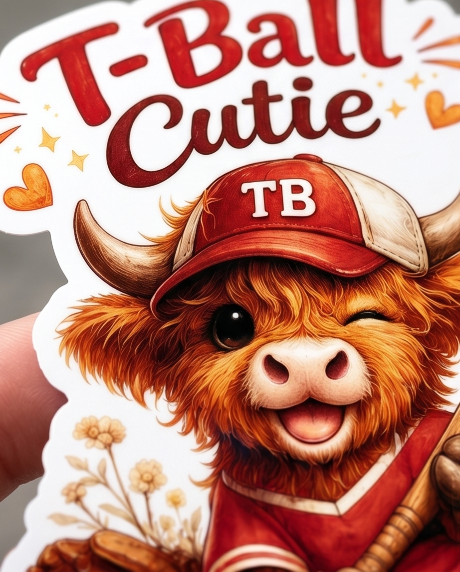 T-Ball Cutie Highland Cow Sticker – Youth Baseball Cow Decal