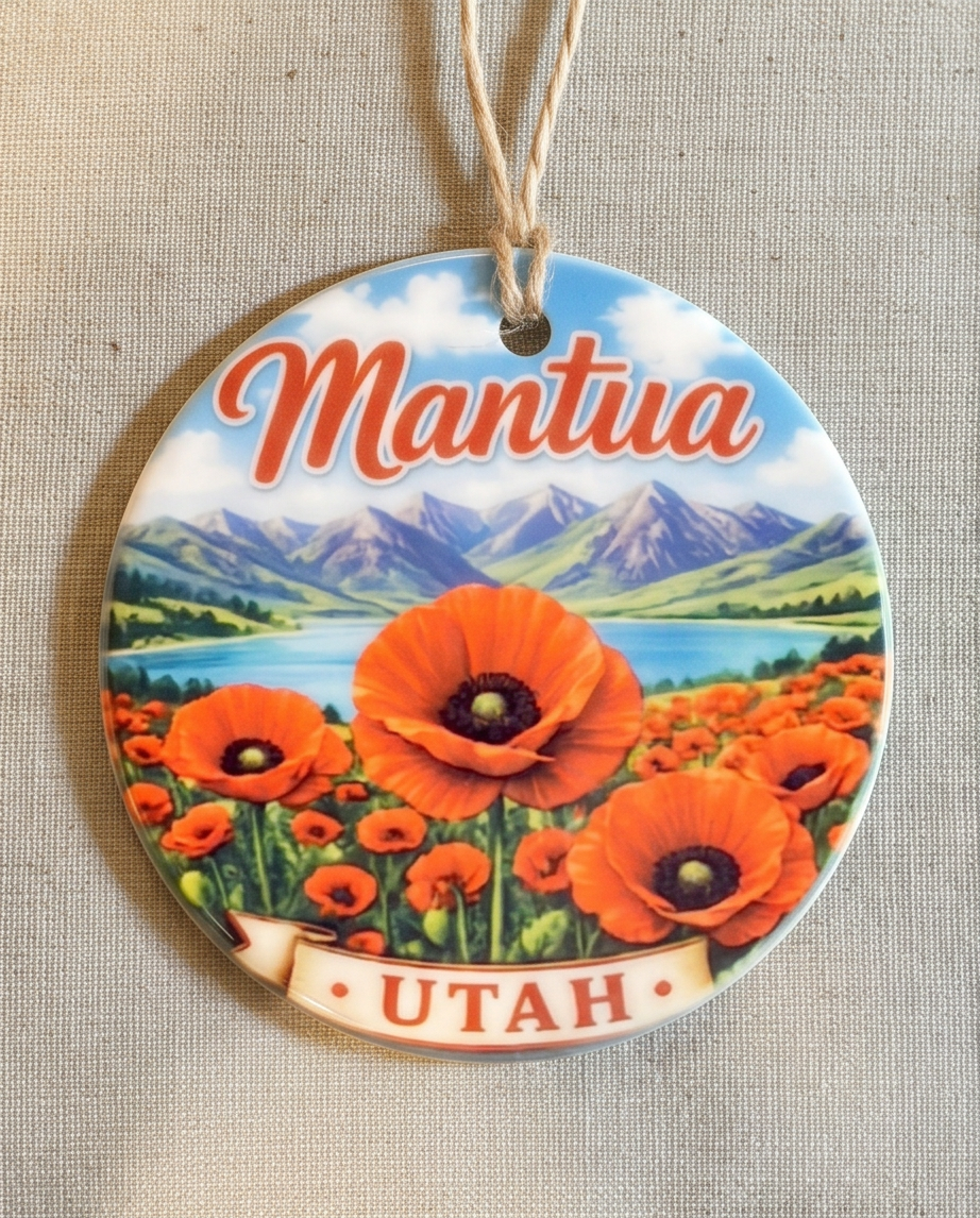 Mantua Utah Ornament – Mountain Lake & Poppy Field Design