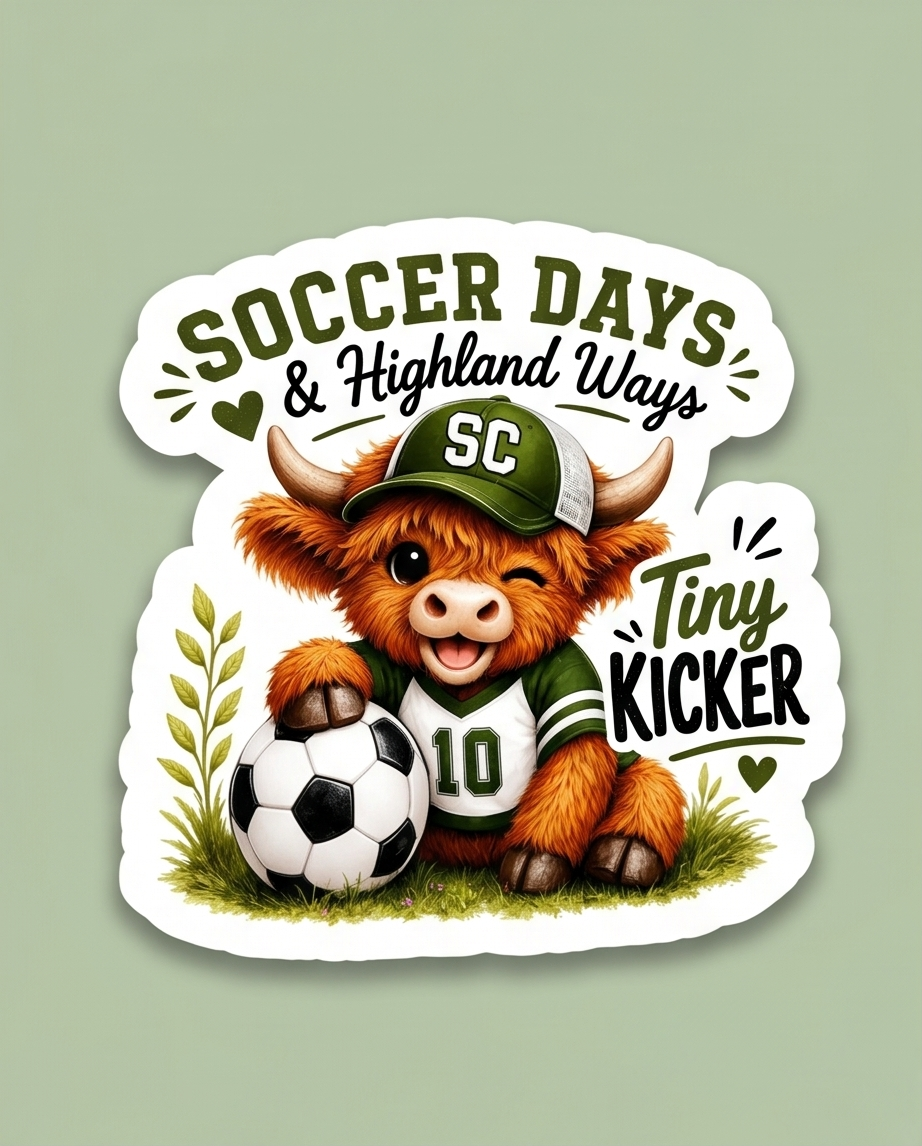 Soccer Days & Highland Ways Sticker – Tiny Kicker Highland Cow Soccer Decal