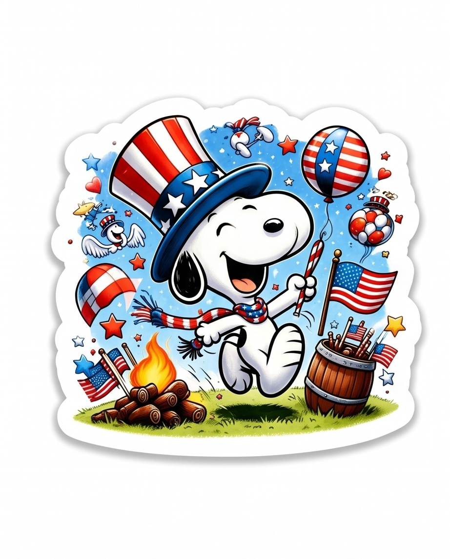 Patriotic Snoopy Celebration Sticker – Red, White & Blue Americana Souvenir Decal
