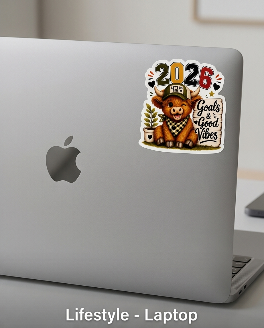 2026 Goals & Good Vibes Highland Cow Sticker – Motivational New Year Cow Decal