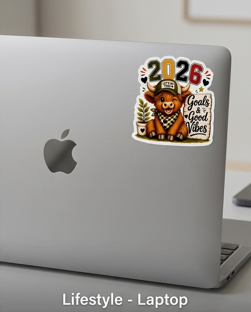 2026 Goals & Good Vibes Highland Cow Sticker – Motivational New Year Cow Decal