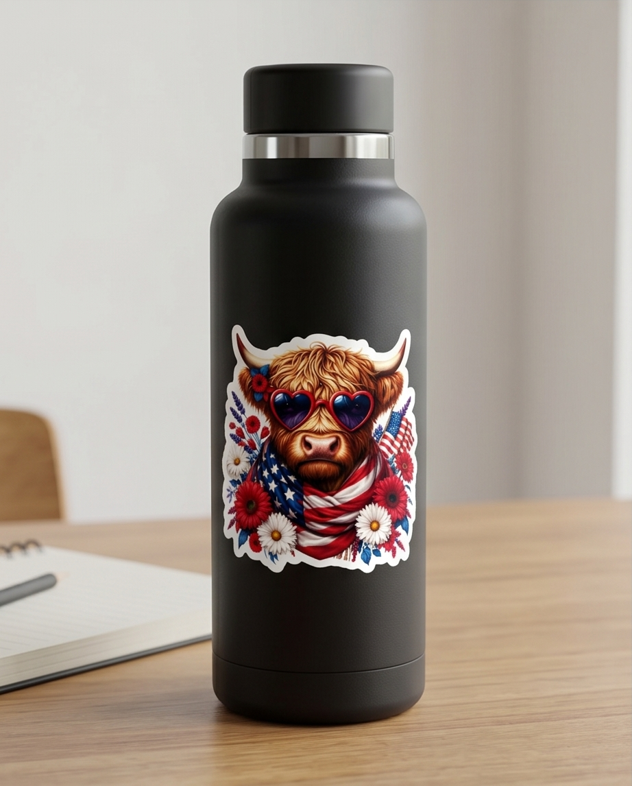 Patriotic Highland Cow Sticker – Red, White & Blue Americana Cow Decal