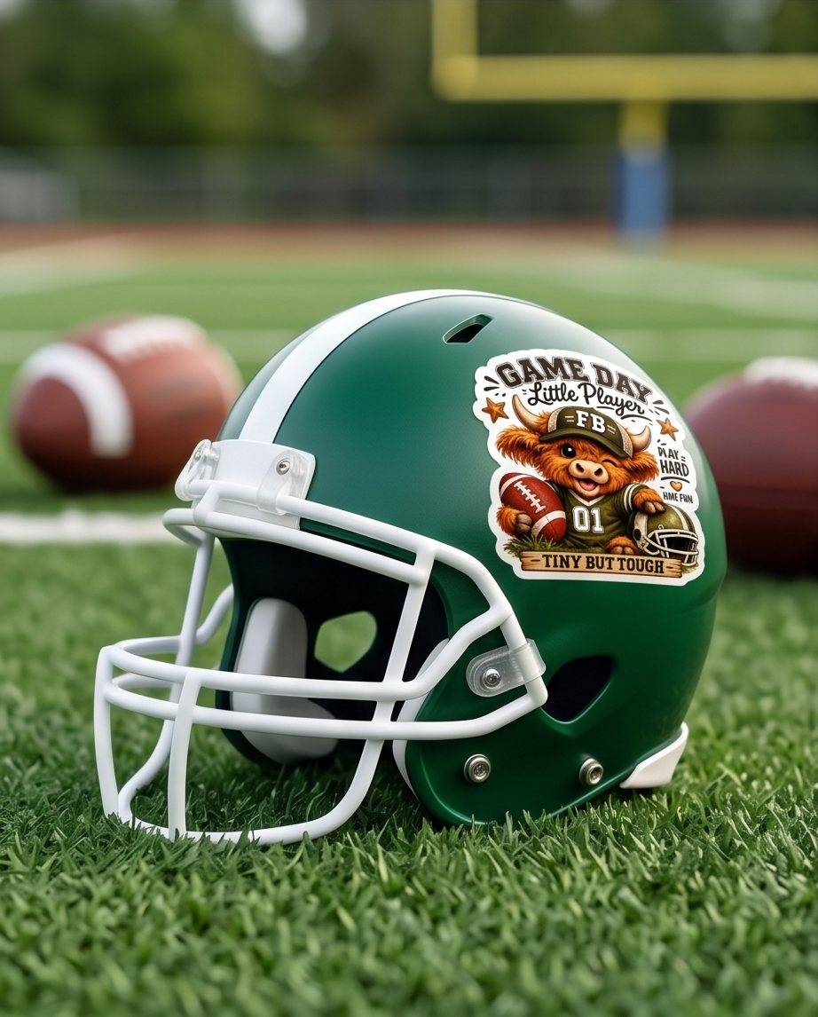 Game Day Little Player Highland Cow Sticker – Tiny But Tough Football Decal