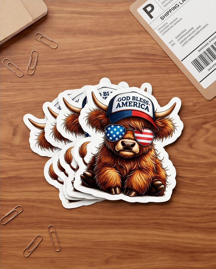 God Bless America Highland Cow Sticker – Patriotic Cow Red, White & Blue Decal