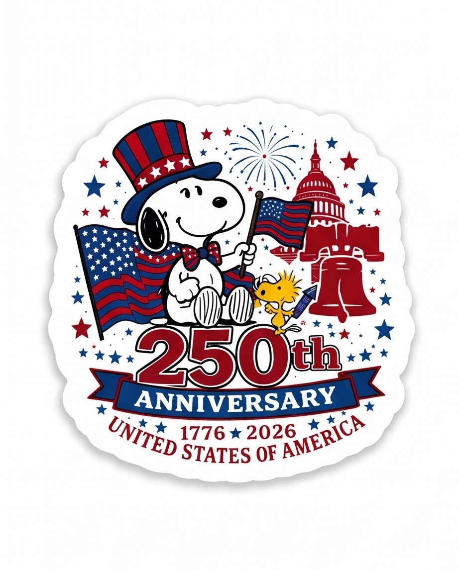 America 250th Anniversary Patriotic Snoopy Sticker – USA 1776–2026 Celebration Decal
