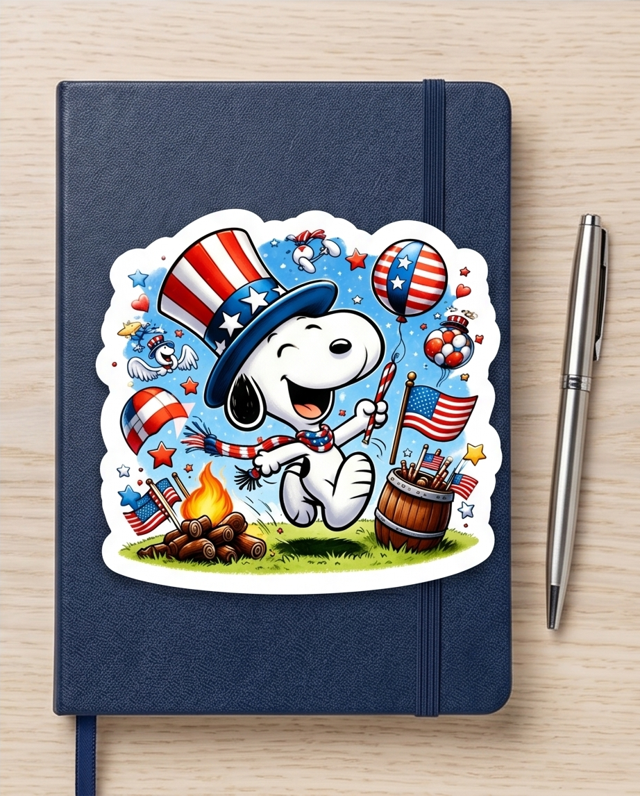Patriotic Snoopy Celebration Sticker – Red, White & Blue Americana Souvenir Decal