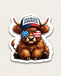 God Bless America Highland Cow Sticker – Patriotic Cow Red, White & Blue Decal