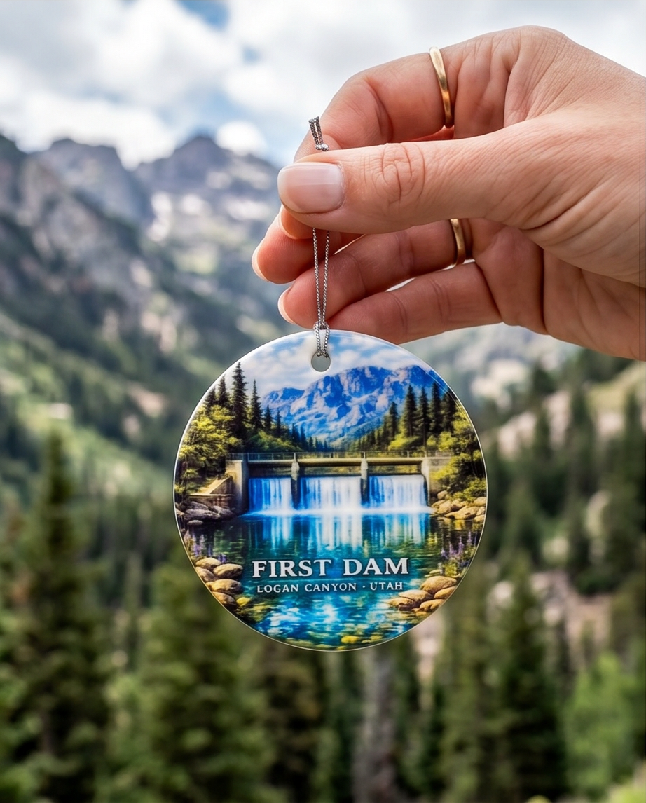 First Dam Utah Ornament – Logan Canyon Waterfall & Mountain Landscape Design